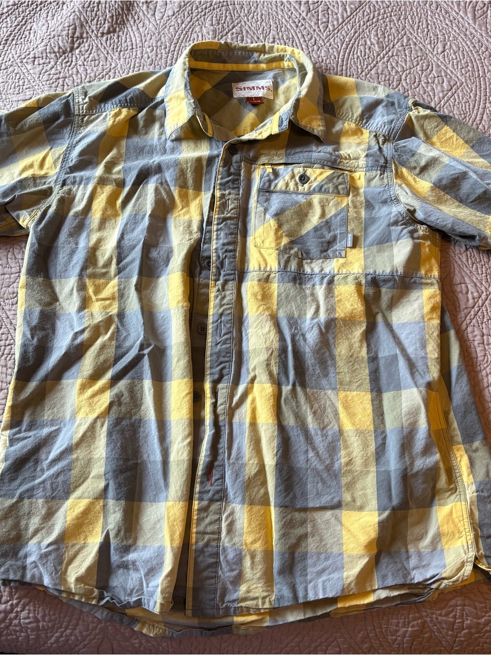 Simms Yellow and Gray Plaid Casual Shirt